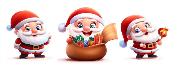 Poster - A modern Santa Claus character illustrated in 3D, standing with a joyful expression while holding gifts and a letter, ideal for a contemporary Christmas design collection.