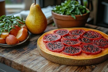 Poster - Fresh fruits and vegetables displayed on a wooden kitchen countertop with vibrant colors