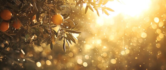 Wall Mural - An intimate view of ripe oranges on a tree branch, featuring a soft-focus background with bokeh lights.