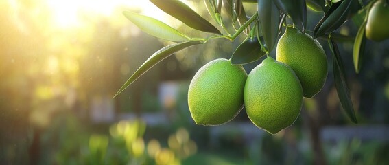 Wall Mural - Two yellow kumquats on a branch, with lush green leaves in the background.