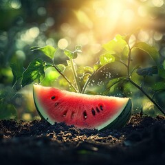 Canvas Print - Watermelon slice on soil in sunset garden.