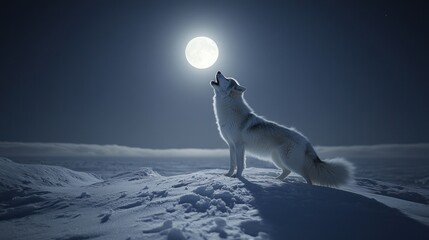 Wall Mural - white wolf howling at full moon on snow landscape at night.