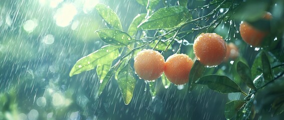 Wall Mural - A tree in a garden, lush with green leaves, bears ripe oranges that hang from its branches, illuminated by sunlight.