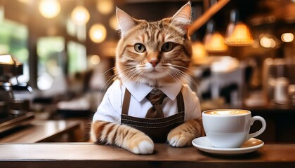 Wall Mural - cat in barista attire near coffee cup blurry cafe backdrop