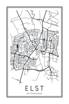 Printable downtown road map poster of the Dutch city of ELST on solid white background with city name