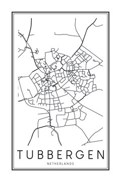 Printable downtown road map poster of the Dutch city of TUBBERGEN on solid white background with city name