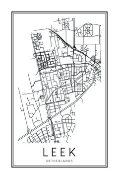 Printable downtown road map poster of the Dutch city of LEEK on solid white background with city name