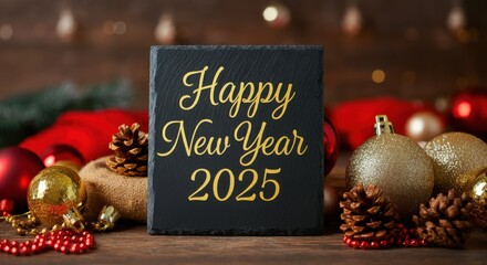 Fototapete - A festive scene with a focus on a small, square slate sign that reads Happy New Year 2025 in a golden cursive font Golden glitter Happy New Year typography on black canvas