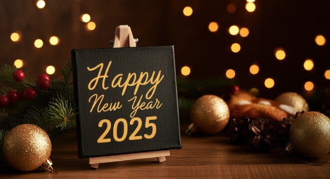 A festive scene with a focus on a small, square slate sign that reads Happy New Year 2025 in a golden cursive font Golden glitter Happy New Year typography on black canvas