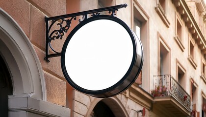 round signboard mockup at old city building with retro lantern white template for displaying cafe restaurant shop museum hotel name or logo high quality photo