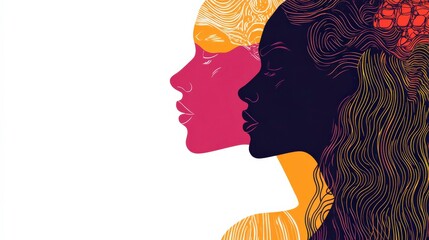 Wall Mural - Artistic Illustration of Two Diverse Female Profiles Highlighting Elements of Beauty and Identity with Vibrant Colors and Intricate Designs in Contemporary Style