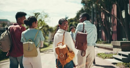Poster - Outdoor, friends and university students with walking for conversation and discussion on campus. Back, people and smile or happy as learner with talking for education, assignment plans and ideas