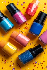 Poster - A vibrant yellow backdrop displays an array of nail polish bottles in various colors, showcasing their shimmering finishes alongside sparkling confetti