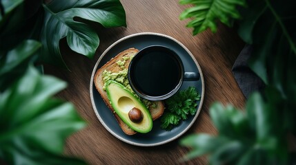 Sticker - Top view of a plate featuring avocado toast with a coffee cup, surrounded by green foliage