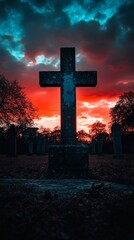 Wall Mural - A towering cross stands amidst gravestones at sunset, casting shadows in a tranquil cemetery, surrounded by trees under a vibrant and colorful sky