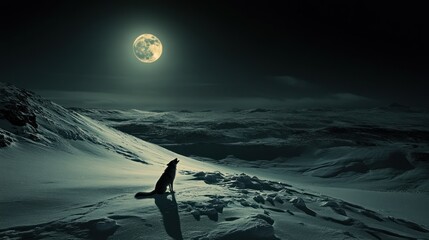Wall Mural - wolf howls at full moon on snowy hill.