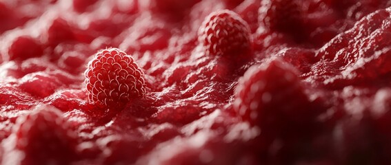 Wall Mural - A near view of fresh red raspberries, featuring both clear and unfocused ones.