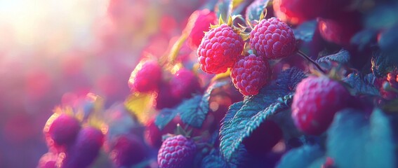 Wall Mural - Warm sunlight bathes a close-up of ripe red raspberries growing on a branch.