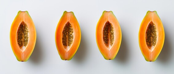 Wall Mural - Four halves of ripe papaya, each with black seeds, set against a white background.