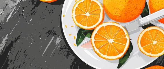 Wall Mural - Fresh orange slices arranged on a metal plate with a knife beside them.