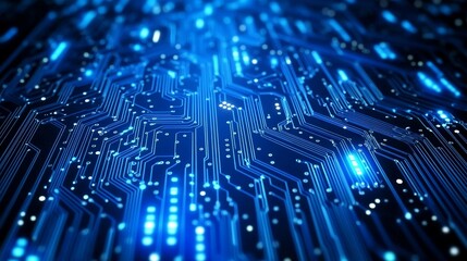 Fototapete - Abstract circuits network design with glowing blue lights and patterns. Generative AI