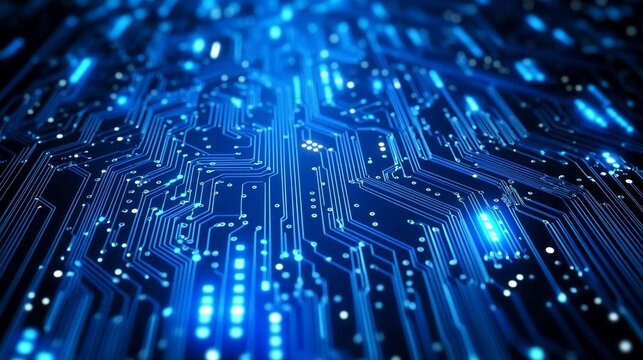 Abstract circuits network design with glowing blue lights and patterns. Generative AI
