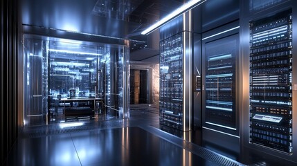 Poster - Illuminated server center featuring numerous lights and organized equipment racks