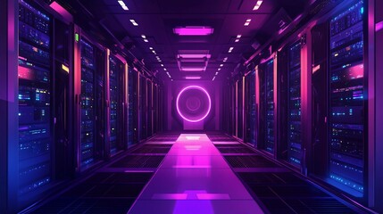 Poster - High-tech server center with vibrant LED lighting during nighttime hours. Generative AI