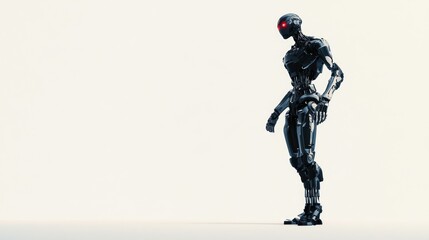 Sleek metal android, red eye, stands on white.