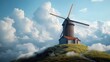 © Angellacelin - Historic windmill on a misty green hill with dramatic clouds, serene rural landscape, traditional architecture, concept for renewable energy, countryside charm, and scenic nature.