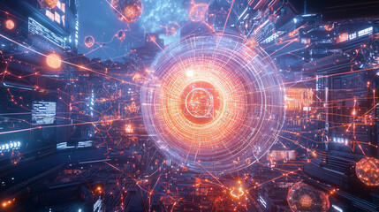 Poster - A vibrant digital core radiates energy, surrounded by interconnected data streams and futuristic interfaces. Intricate network pathways and glowing nodes create a complex, hightech visual.