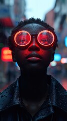 Wall Mural - A person with glowing red glasses stands in a rainy urban environment, evoking a futuristic vibe.