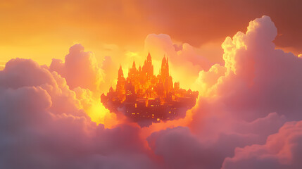 Canvas Print - A floating castle surrounded by clouds and illuminated by a soft, golden light. Aureate. Illustration