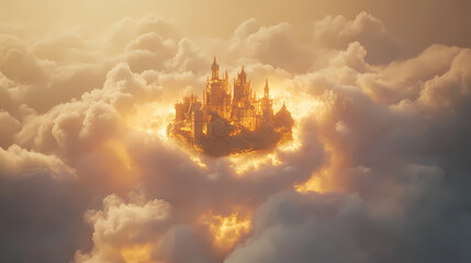 Canvas Print - A floating castle surrounded by clouds and illuminated by a soft, golden light. Aureate. Illustration