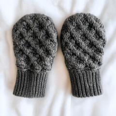 Wall Mural - A Pair of Thick Gray Woolen Mittens with Intricate Woolen Patterns