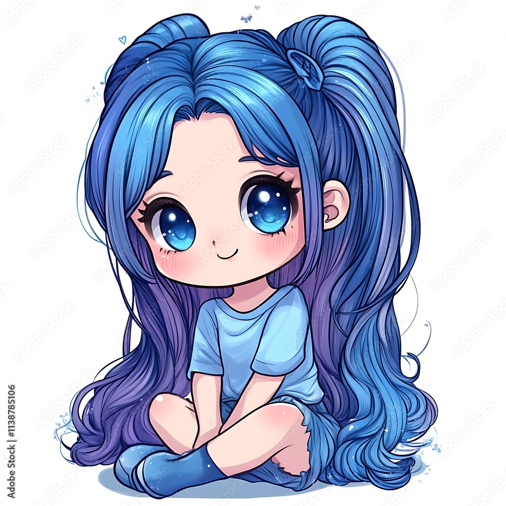 Cute anime girl with blue hair. Kawaii chibi illustration. Stock ...