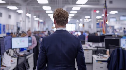 Poster - A professional man walks through a busy office filled with computers and colleagues.
