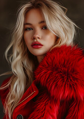 Glamorous portrait of a woman in a fur coat, showcasing beauty and fashion with elegant makeup. A stylish and luxurious look captures her attractive and chic demeanor.