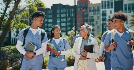 Poster - Walking, talking or teacher in medical school with students, hospital internship or medicine study in university. Professor, lecturer or people with education or learning advice for nursing degree