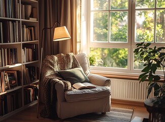 Cozy reading nook featuring a comfortable armchair, a small bookshelf, a floor lamp, and a large window letting in natural light