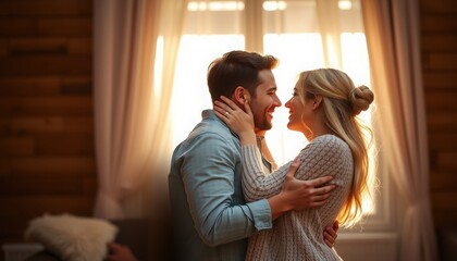 Wall Mural - Romantic moment shared between a couple in a cozy setting at sunset