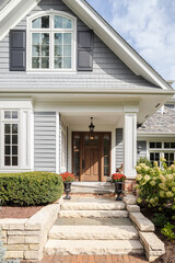 Wall Mural - A front door and covered porch detail on a home with grey siding, white trim, red brick, a wooden front door.