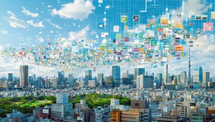 Poster - Digital data stream over cityscape.