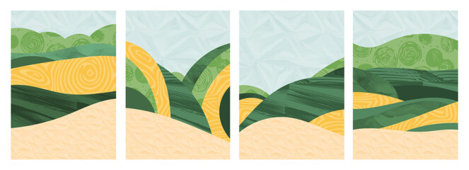 Wall Mural - Abstract green collage vector illustration - nature, farm, rice, tea, wheat, eco-friendly agriculture. Simple design with trees, plants, organic textures for vintage, modern background, aerial views