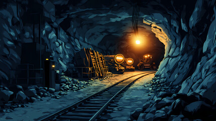 Wall Mural - Dark cavernous space with rough stone walls and a low ceiling , mining equipment, rugged landscape. Cavernous. Illustration