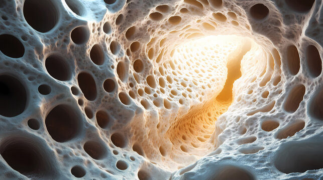 Abstract 3d rendering of a porous, cavernous, organic structure with light at the end. Cavernous. Illustration