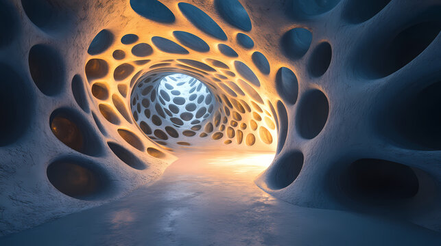 Abstract 3d rendering of a porous, cavernous, organic structure with light at the end. Cavernous. Illustration