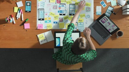Fototapete - top view of smart developer working on tablet and writing ux ui design for mobile phone interface at