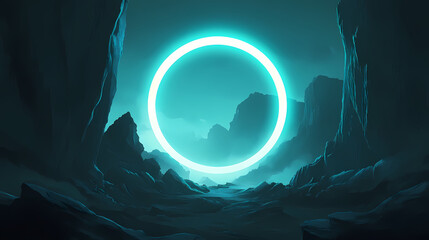 Wall Mural - A glowing neon circle illuminates the dark, cavernous space. the light casts an ethereal glow on the rugged rock walls, creating a mysterious and alluring atmosphere. Cavernous. Illustration