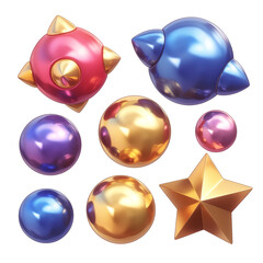 Poster - Colorful metallic 3D shapes with Y2K aesthetic, including spheres and star